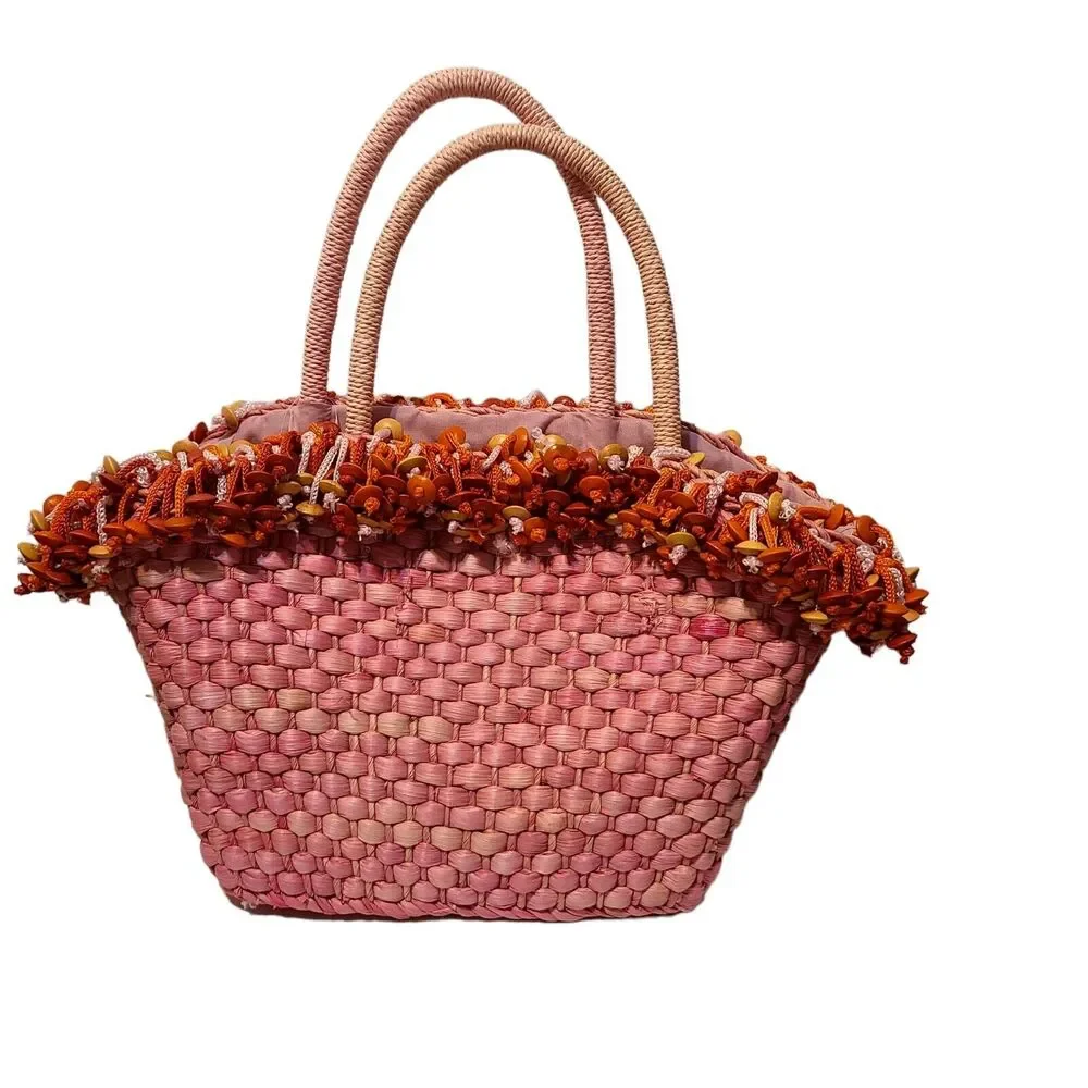 Pink Weaved Straw Hand Bag w/Orange/Tan Wood Beads Drawstring Closure NWT‎
